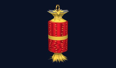 Флешка — конфета-хлопушка в красной фольге с золотой лентой, бахромой и шнурком
